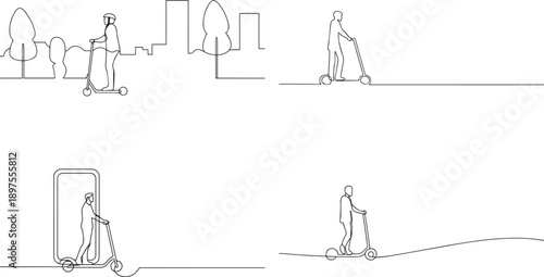 A group of Man ride electric scooter one continuous line art, Vector illustration, One line art, Line art graphic style