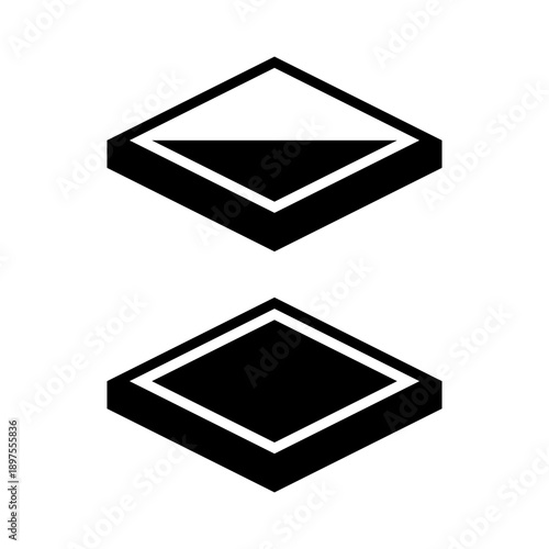 Simple black and white vector icons of two isometric diamond shapes, one showing a half-fill level and the other completely solid.