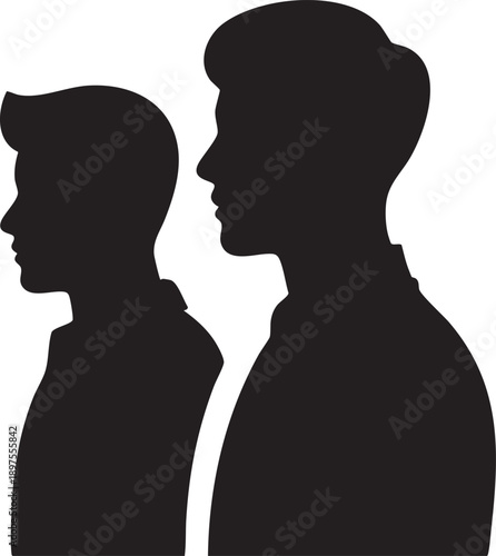 Silhouette profile of two young men standing side by side, with the taller one in front and the shorter one behind, showcasing their head and shoulders against a white background