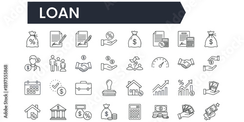 Loan Finance Business Icons Set On White Background Keywords: loan, finance, business, icons, set, money, bag, percentage