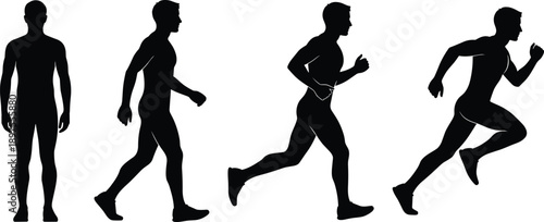 Silhouette of a Man Standing Walking Running and Sprinting Keywords: man, male, silhouette, standing, walking, running