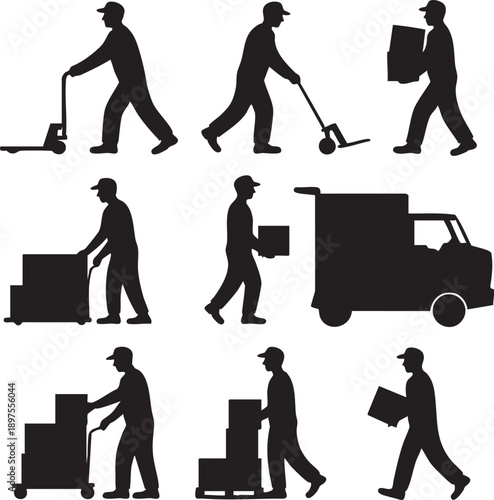 Black silhouette of workers moving boxes and packages using hand trucks and a delivery van