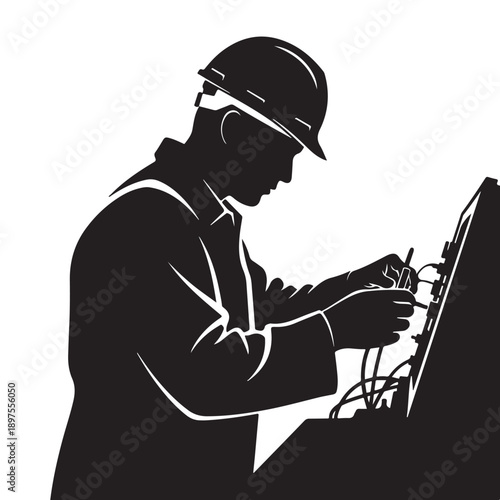 Electrician working on electrical panel in industrial monochrome style with dramatic lighting on white background for construction industry