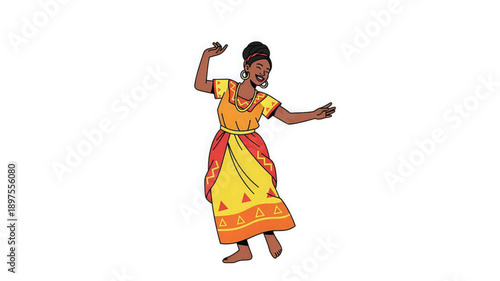 Woman in traditional indian attire dancing with arms outstretched in vibrant yellow and orange dress
