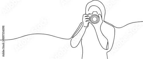 Man holding camera one continuous line art, Vector illustration, One line art, Line art graphic style