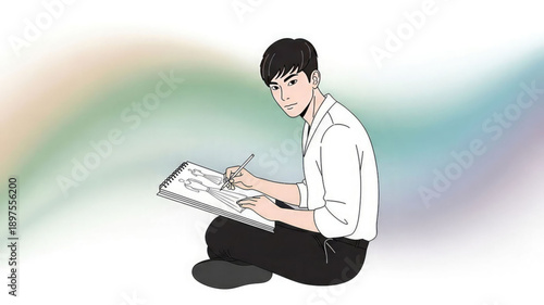 Young man sitting and drawing in a notebook with pencil