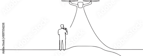 Man controls a drone one continuous line art, Vector illustration, One line art, Line art graphic style