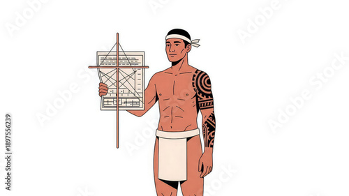 Ancient tribal man holding geometric chart with tattoo