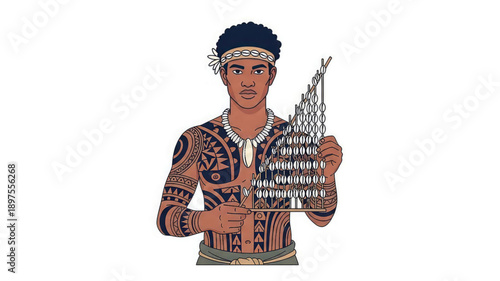 Man with tribal tattoos holding a fishing net on white background