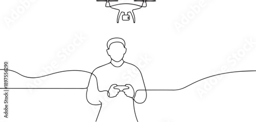 Man controls a drone one continuous line art, Vector illustration, One line art, Line art graphic style