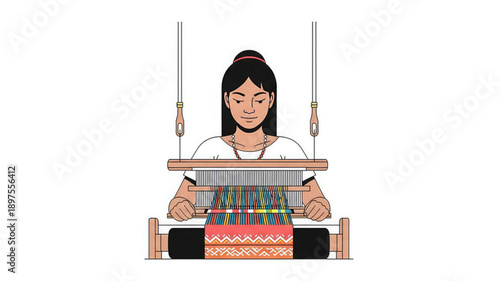 Woman weaving colorful fabric on traditional loom textile art