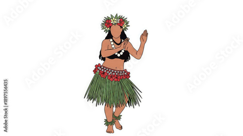 Hula dancer wears traditional hawaiian grass skirt and leis on white background