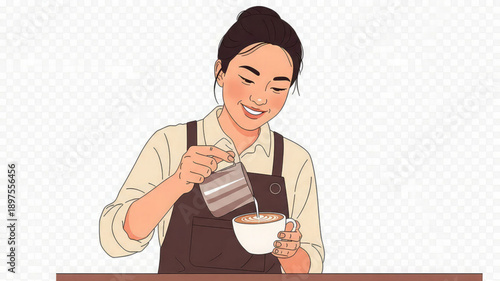 Woman pouring steamed milk into coffee cup at counter