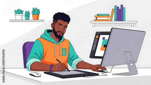 Man working on computer with graphics tablet at modern desk