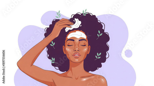 Woman applying face mask with closed eyes and towel on forehead