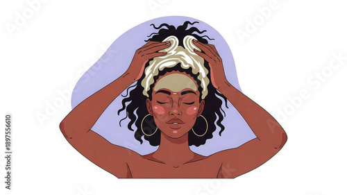 Woman washing hair with shampoo curly dark hair skincare routine