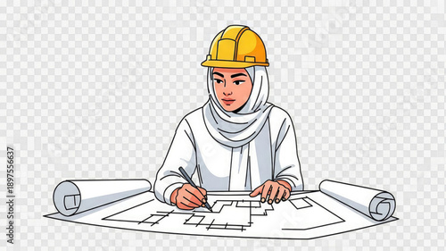 Female engineer wearing hijab and hard hat reviews construction plans