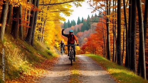 Wallpaper Mural Cardio sports cycling biking exercise, healthy lifestyle. Two mountain bikers riding down a dirt road surrounded by vibrant autumnal trees, their leaves a mix of red, orange, and yellow. Torontodigital.ca