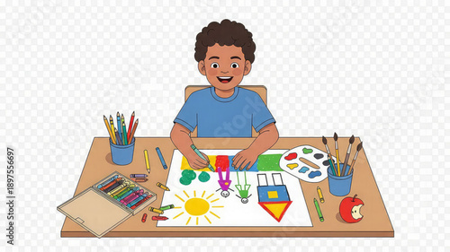 Young boy sitting at desk with art supplies and painting colorful picture