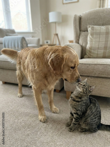 Playful Pals: A Golden Retriever and a tabby cat share an affectionate moment, nose to nose, in a cozy indoor setting. Capturing the essence of interspecies friendship and companionship.