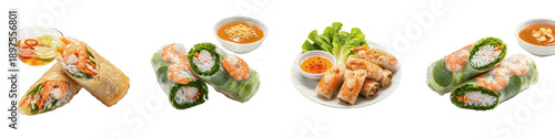 Tableau sur toile Set of fresh Vietnamese spring rolls with shrimp and vegetables isolated on tran