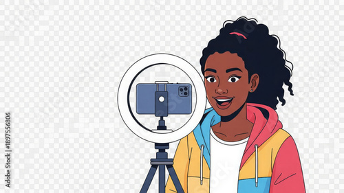Young woman recording video with smartphone on tripod and ring light