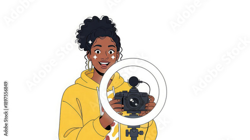 Smiling woman holding a camera with ring light recording video