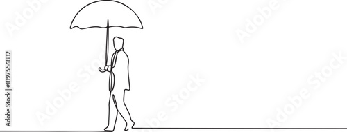 Man with umbrella one continuous line art, Vector illustration, One line art, Line art graphic style
