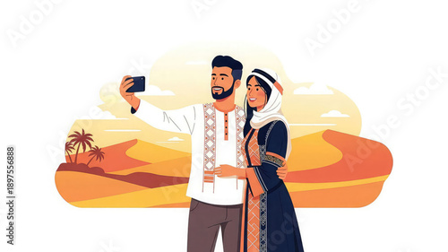 Couple in traditional middle eastern clothing taking a selfie in desert landscape