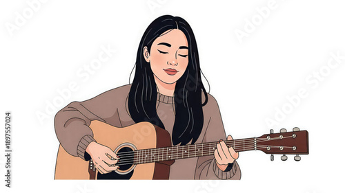 Woman playing acoustic guitar with closed eyes in brown sweater