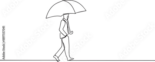Man with umbrella one continuous line art, Vector illustration, One line art, Line art graphic style