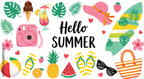 Hello Summer Flat Vector Illustration Set Featuring Beach Accessories Tropical Fruits Surfboard Sun Hat Sunglasses Ice Cream and Palm Leaves