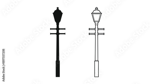 Two vintage street lamps one black and one outlined silhouette