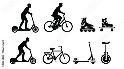 Various modes of personal transport shown in black silhouette