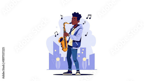 Young man playing saxophone in city at night with music notes
