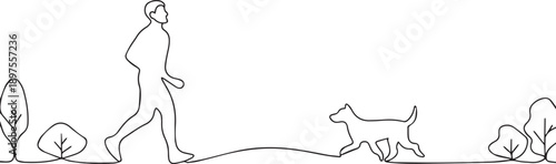 Man with dog one continuous line art, Vector illustration, One line art, Line art graphic style
