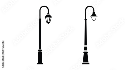 Two ornate street lamps against a white background silhouette