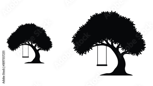 Two trees with hanging swings depicted in a dark silhouette