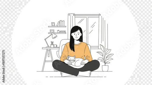 Woman sitting cross legged with cat on lap in cozy home interior