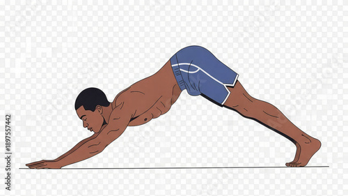 Man in blue shorts doing push up exercise on white background