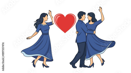 Couple dancing with a heart a charming illustration silhouette
