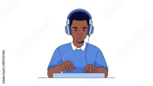 Man wearing headset working on computer customer service representative