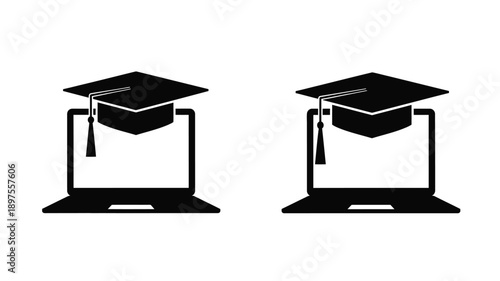 Graduation caps atop laptops representing online learning silhouette