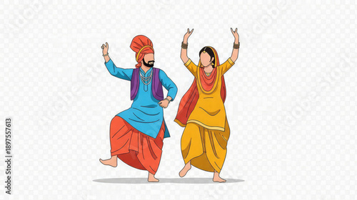 Couple in traditional indian attire dancing bhangra on white background
