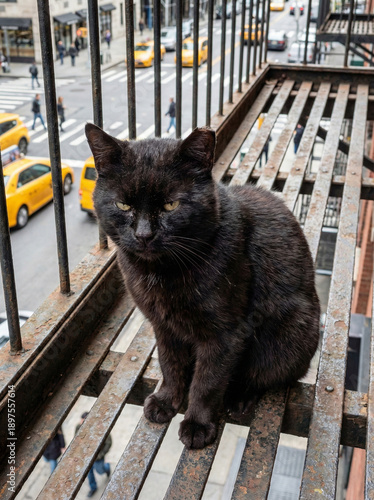 Urban Guardian: A sleek, black cat sits regally on a fire escape, overlooking a bustling city street, embodying a sense of watchful tranquility amid the urban landscape.