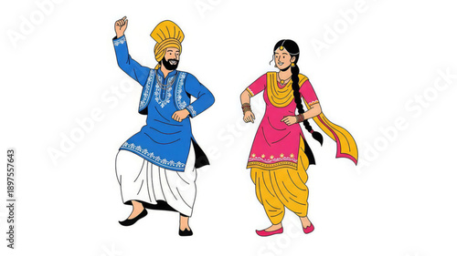 Traditional indian couple dancing in colorful cultural attire with joy