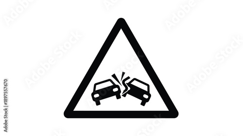 Traffic warning sign depicting a car crash black silhouette