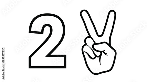 Number two and peace sign hand gesture in black outline silhouette