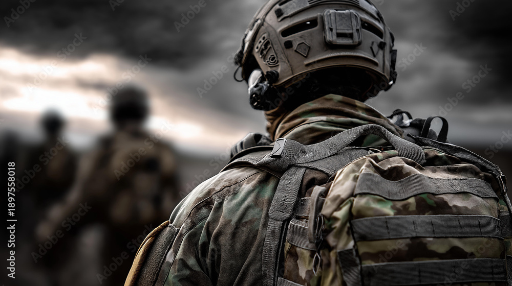 Obraz premium Close-up soldiers' tactical gear, straps pouches and modern helmets, defocused mounted optics and precise formation background, moody sky atmosphere, military equipment detail,