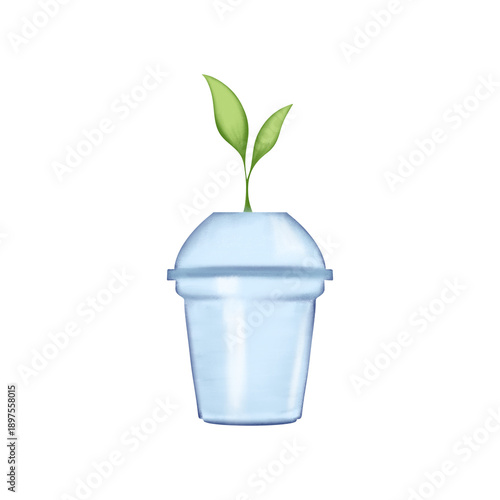 plastic cup with green sprout, sticker, ecology, png